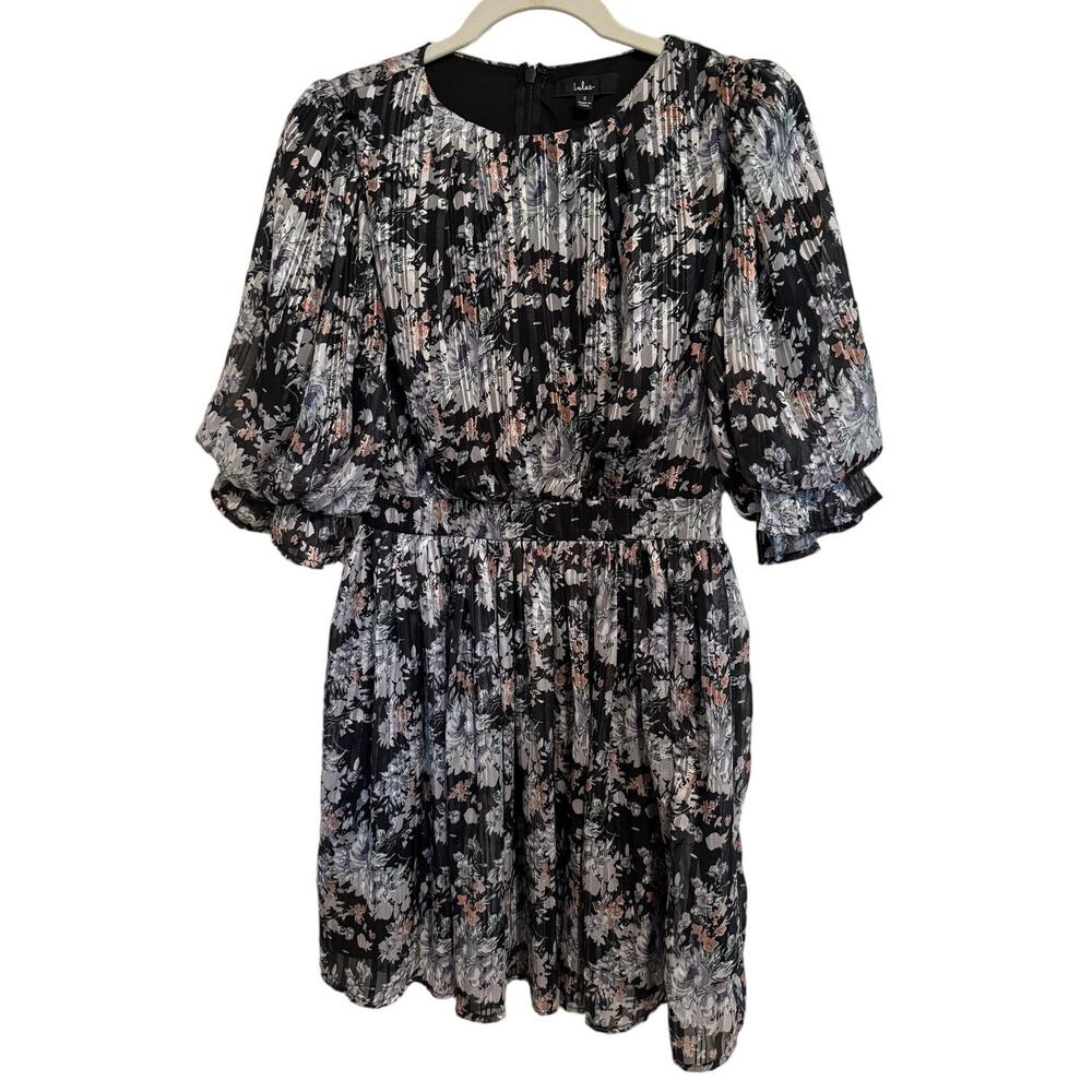 Lulus Balloon Sleeve Small Floral Pleated Holiday Cocktail Dress Black Silver